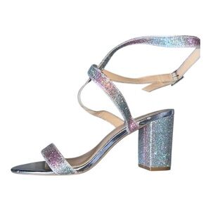 Jewel Badgley Mischka Silver Block Heel Sandals, 3 1/4” heel